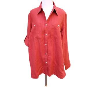Ralph Lauren Red Linen Button Down Shirt Blouse Top Long Sleeve Roll Tab Plus 1X